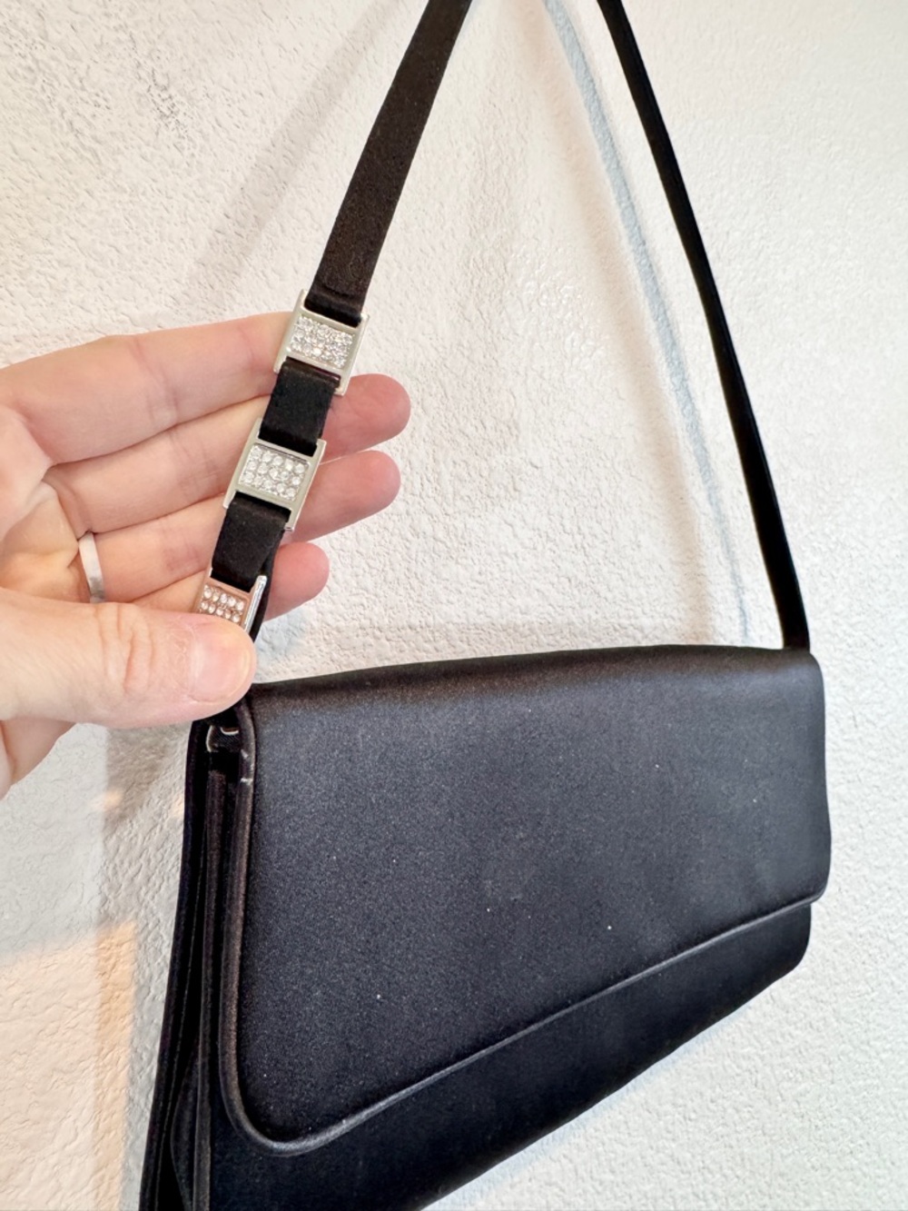 Y2K Minimalist Shoulder Bag Black Satin Rhinestone Strap Baguette Nordstrom C13 - Picture 3 of 9